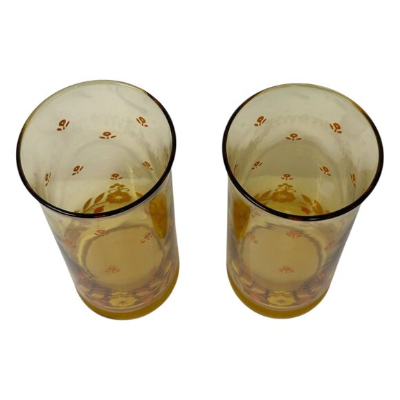 Set Of 2 Vintage Libbey Franco Amber Floral Glasses 1960s MCM Drinkware Retro - Picture 9 of 16